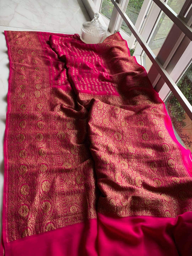 Zynah Pure Handloom Banarasi Woven Khaddi Georgette Saree with Antique Zari Weave; Custom Stitched/Ready-made Blouse, Fall, Petticoat; Shipping available USA, Worldwide