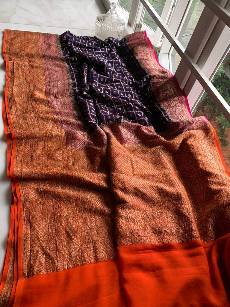 Zynah Pure Handloom Banarasi Woven Khaddi Georgette Saree with Antique Zari Weave, Big Border ; Custom Stitched/Ready-made Blouse, Fall, Petticoat; Shipping available USA, Worldwide