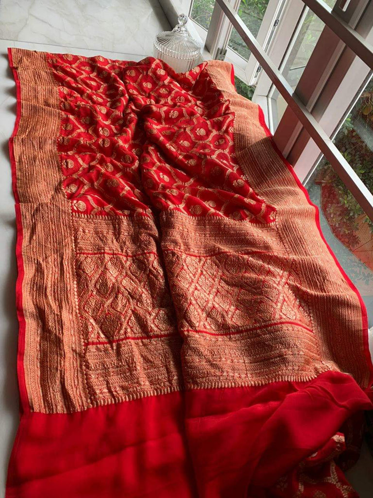 Zynah Pure Handloom Banarasi Woven Khaddi Georgette Saree with Antique Zari Weave; Custom Stitched/Ready-made Blouse, Fall, Petticoat; Shipping available USA, Worldwide