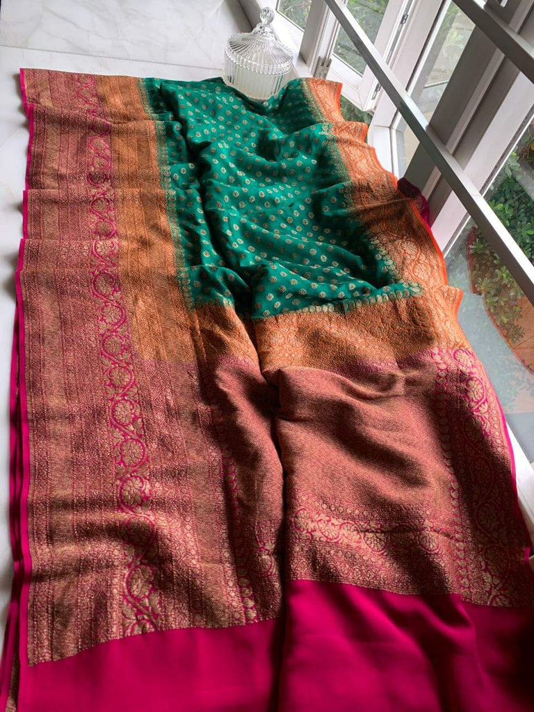Zynah Pure Handloom Banarasi Woven Khaddi Georgette Saree with Antique Zari Weave, Big Border ; Custom Stitched/Ready-made Blouse, Fall, Petticoat; Shipping available USA, Worldwide