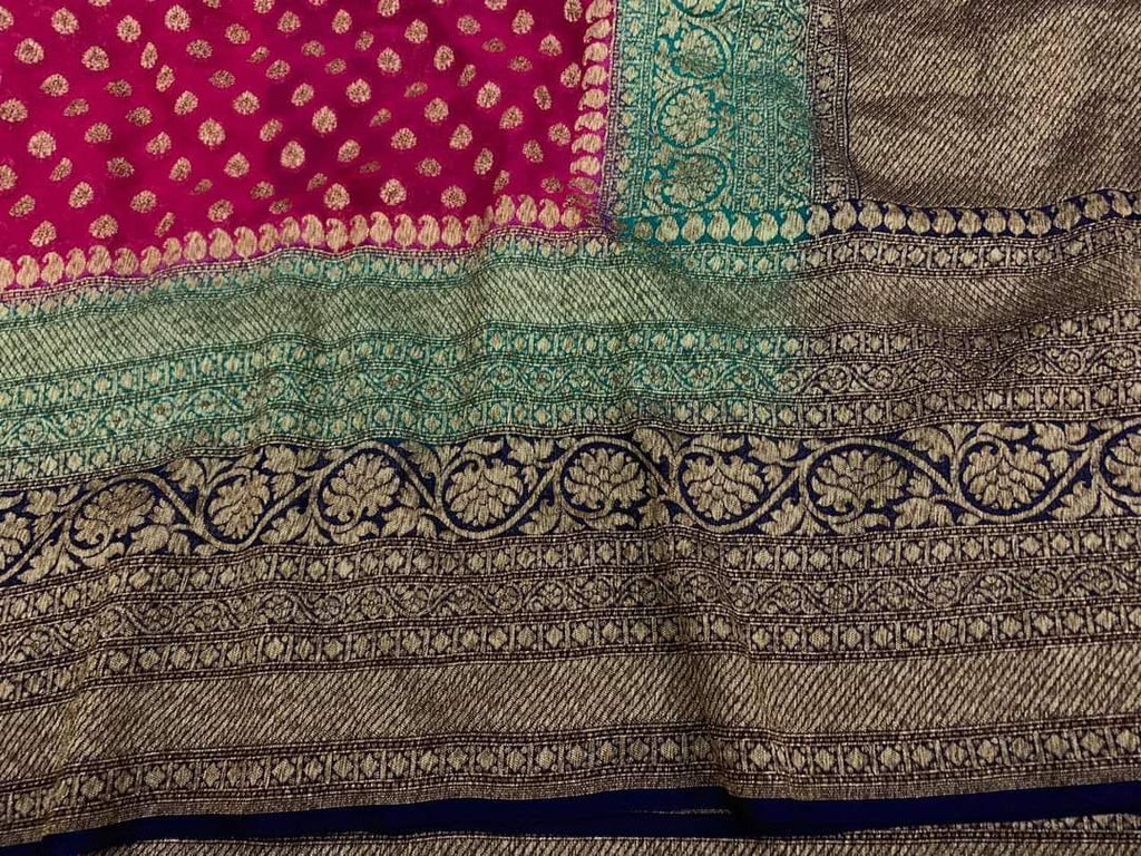 Zynah Pure Handloom Banarasi Woven Khaddi Georgette Saree with Antique Zari Weave, Big Border ; Custom Stitched/Ready-made Blouse, Fall, Petticoat; Shipping available USA, Worldwide