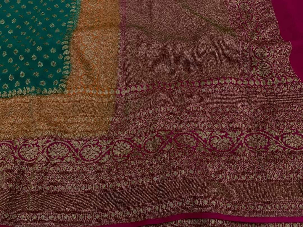 Zynah Pure Handloom Banarasi Woven Khaddi Georgette Saree with Antique Zari Weave, Big Border ; Custom Stitched/Ready-made Blouse, Fall, Petticoat; Shipping available USA, Worldwide