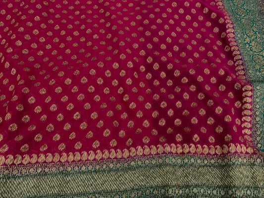 Zynah Pure Handloom Banarasi Woven Khaddi Georgette Saree with Antique Zari Weave, Big Border ; Custom Stitched/Ready-made Blouse, Fall, Petticoat; Shipping available USA, Worldwide