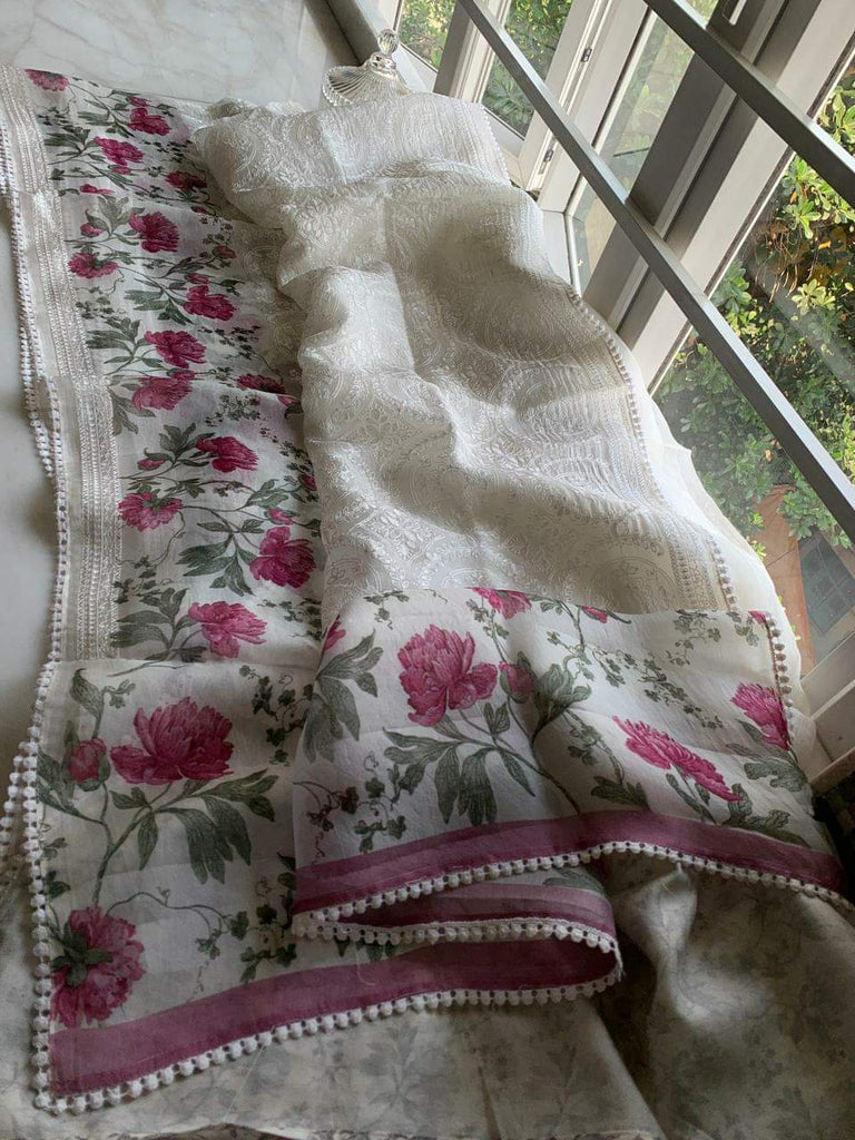 Zynah Pure Organza Saree with Chikankari Body & Floral Printed Border; Custom Stitched/Ready-made Blouse, Fall, Petticoat; Shipping available USA, Worldwide