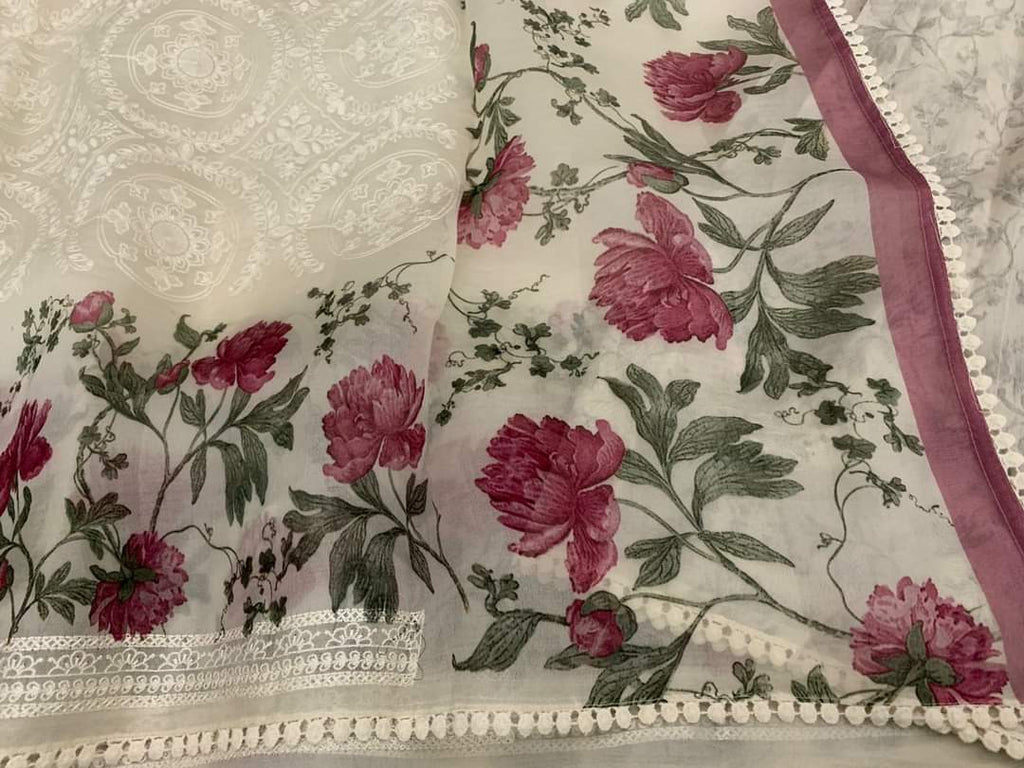 Zynah Pure Organza Saree with Chikankari Body & Floral Printed Border; Custom Stitched/Ready-made Blouse, Fall, Petticoat; Shipping available USA, Worldwide
