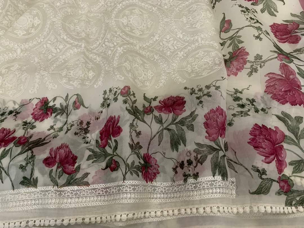 Zynah Pure Organza Saree with Chikankari Body & Floral Printed Border; Custom Stitched/Ready-made Blouse, Fall, Petticoat; Shipping available USA, Worldwide