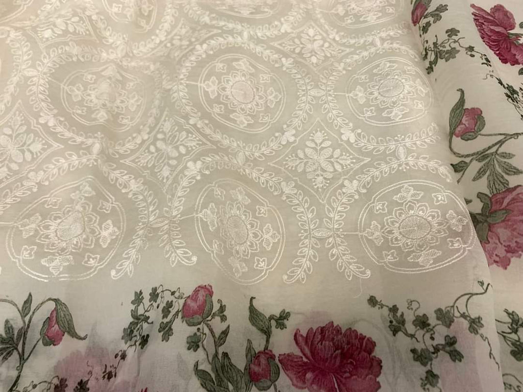 Zynah Pure Organza Saree with Chikankari Body & Floral Printed Border; Custom Stitched/Ready-made Blouse, Fall, Petticoat; Shipping available USA, Worldwide