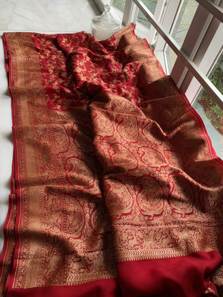 Zynah Pure Banarasi Woven Khaddi Georgette Saree with Antique Zari Shikargah Design Weave; Custom Stitched/Ready-made Blouse, Fall, Petticoat; Shipping available USA, Worldwide