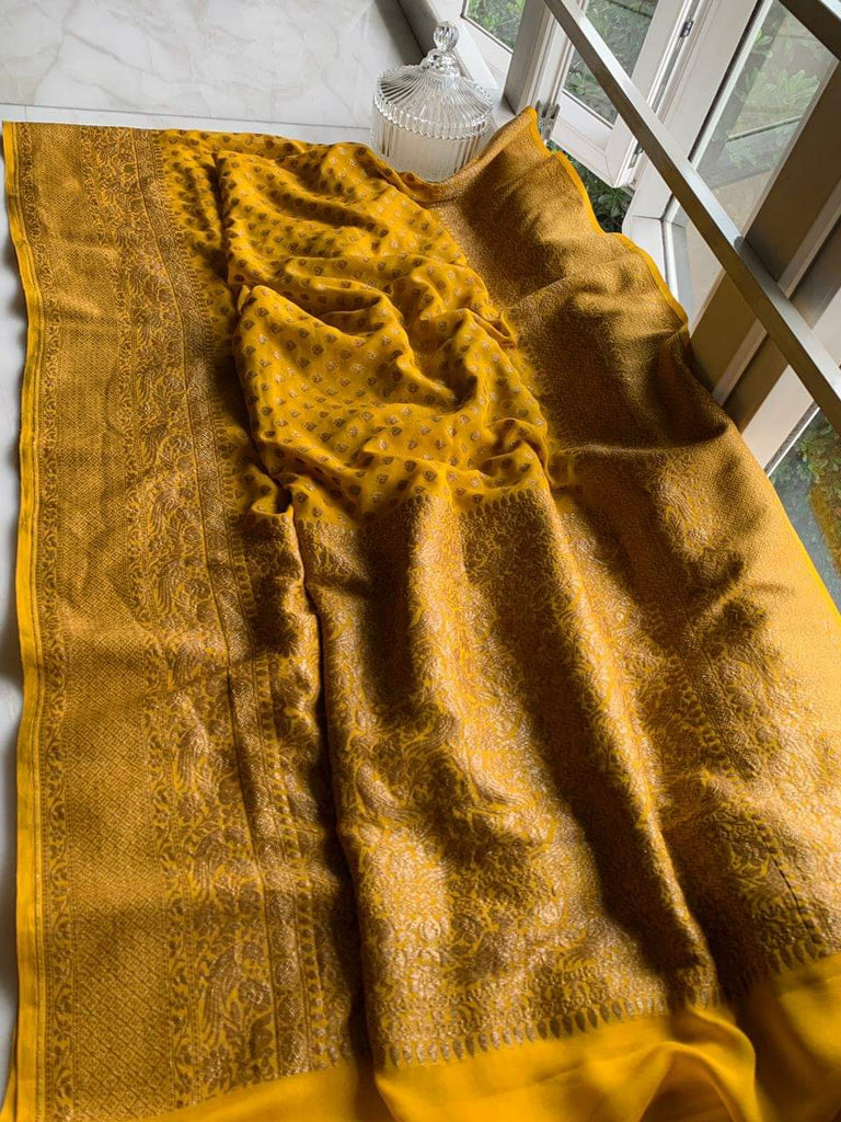 Zynah Pure Handloom Banarasi Woven Khaddi Georgette Saree with Antique Zari Weave; Custom Stitched/Ready-made Blouse, Fall, Petticoat; Shipping available USA, Worldwide