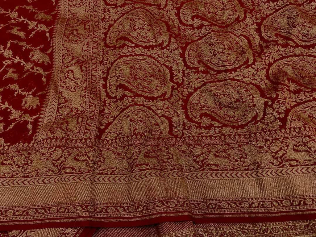 Zynah Pure Banarasi Woven Khaddi Georgette Saree with Antique Zari Shikargah Design Weave; Custom Stitched/Ready-made Blouse, Fall, Petticoat; Shipping available USA, Worldwide
