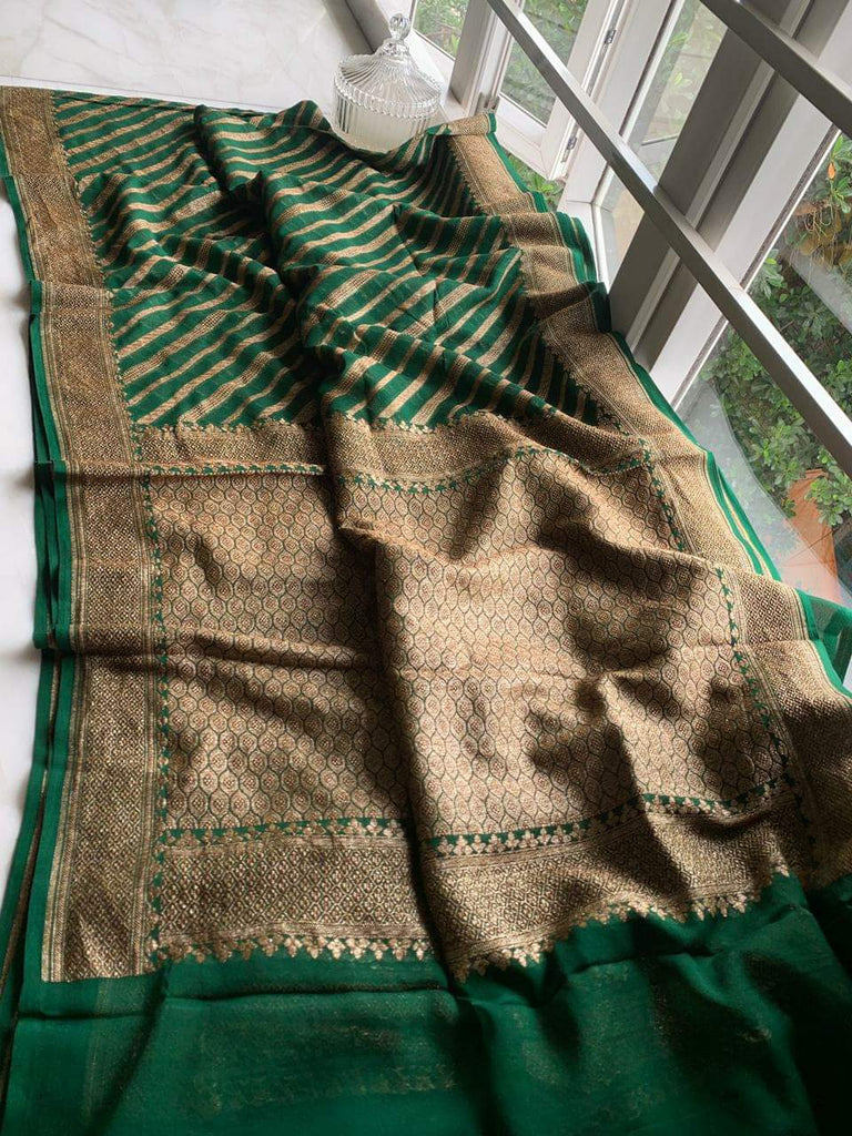 Zynah Pure Handloom Banarasi Woven Khaddi Georgette Saree with Diagonal Antique Stripes; Custom Stitched/Ready-made Blouse, Fall, Petticoat; Shipping available USA, Worldwide