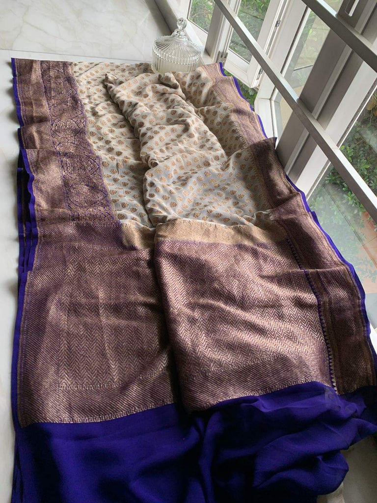 Zynah Pure Handloom Banarasi Woven Khaddi Georgette Saree with Antique Zari Weave; Custom Stitched/Ready-made Blouse, Fall, Petticoat; Shipping available USA, Worldwide