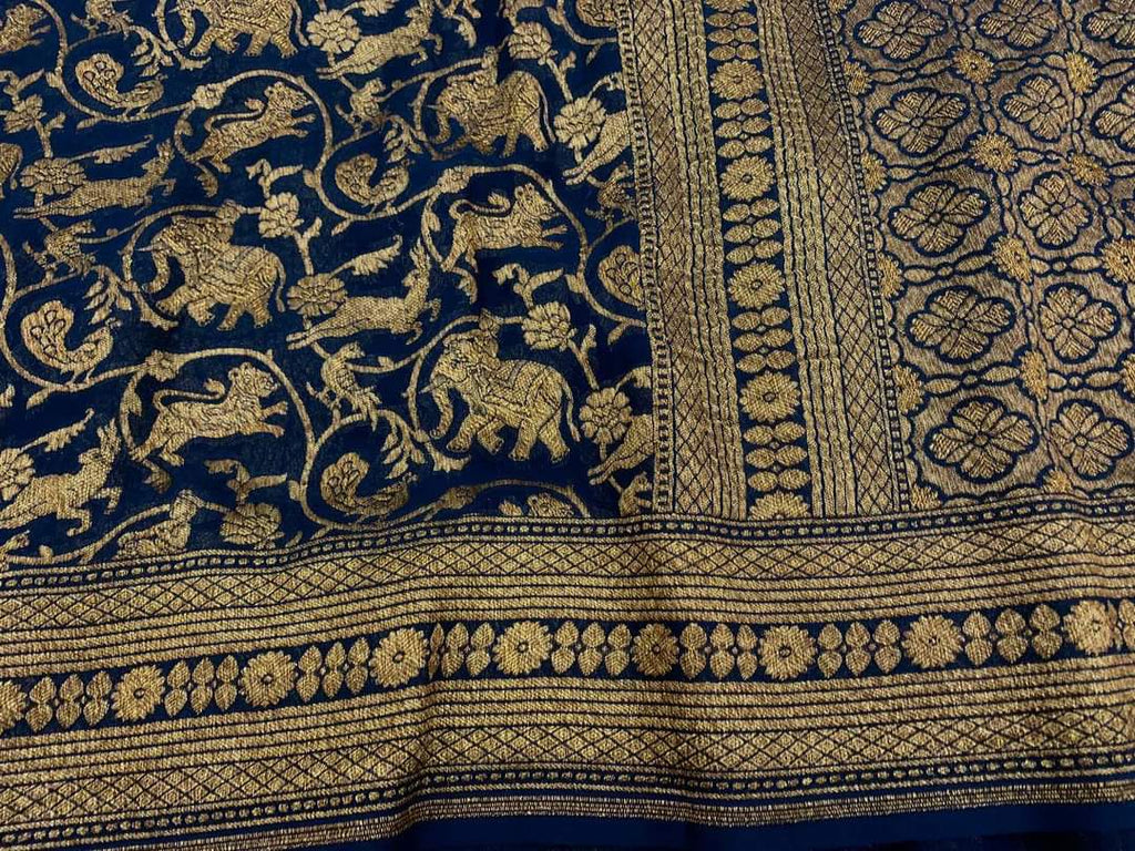 Zynah Pure Handloom Banarasi Woven Khaddi Georgette Saree with Antique Zari Shikargah Design; Custom Stitched/Ready-made Blouse, Fall, Petticoat; Shipping available USA, Worldwide