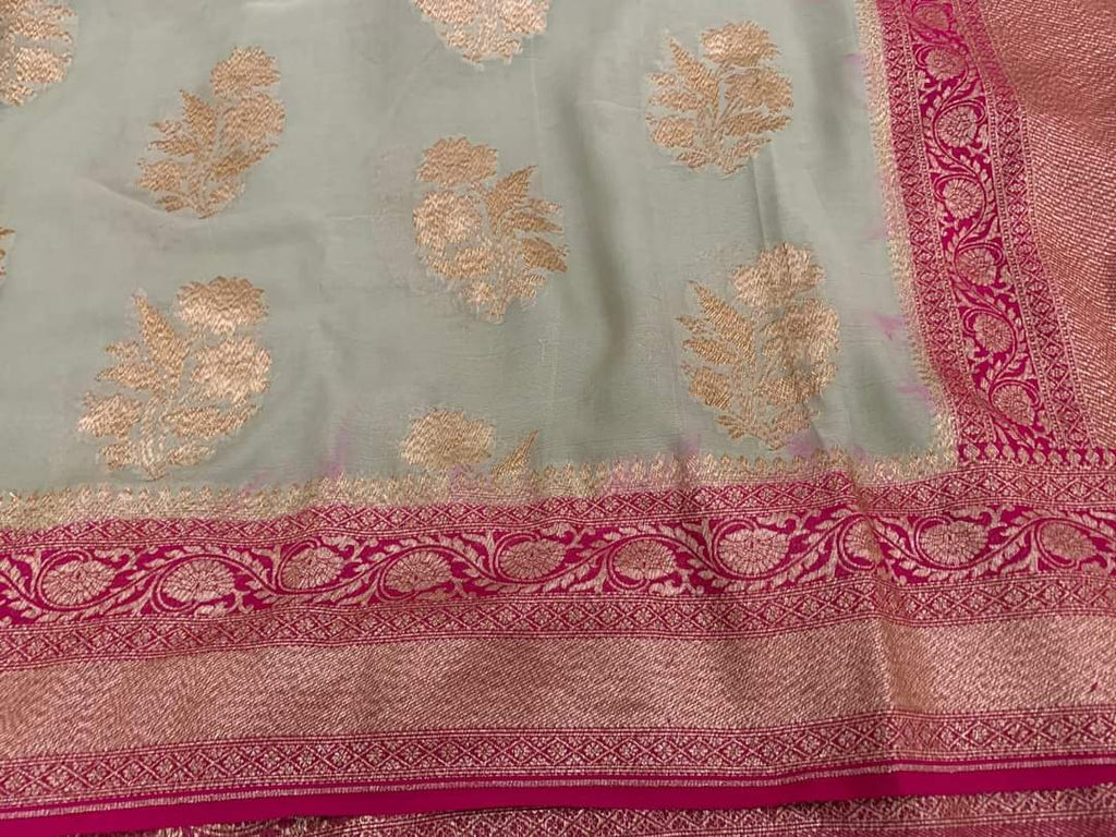 Zynah Pure Handloom Banarasi Woven Khaddi Georgette Saree with Diagonal Antique Stripes; Custom Stitched/Ready-made Blouse, Fall, Petticoat; Shipping available USA, Worldwide