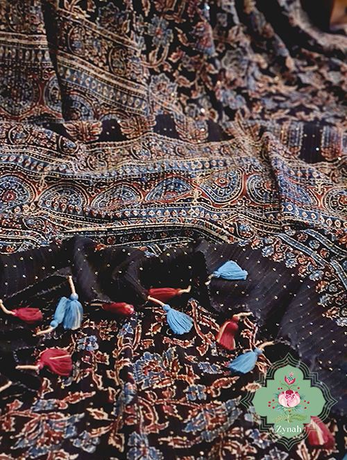 Zynah Black Pure Georgette Sequence Work Saree with Ajrakh Handblock Prints; Custom Stitched/Ready-made Blouse, Fall, Petticoat; SKU: xyz-0301202301