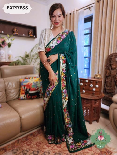 Zynah Made to Order Green Pure Crepe Silk Hand Embroidered Parsi Gara Saree, Authentic Vintage Art, Heirloom Piece; Custom Stitched/Ready-made Blouse, Fall, Petticoat; SKU: 2302202302