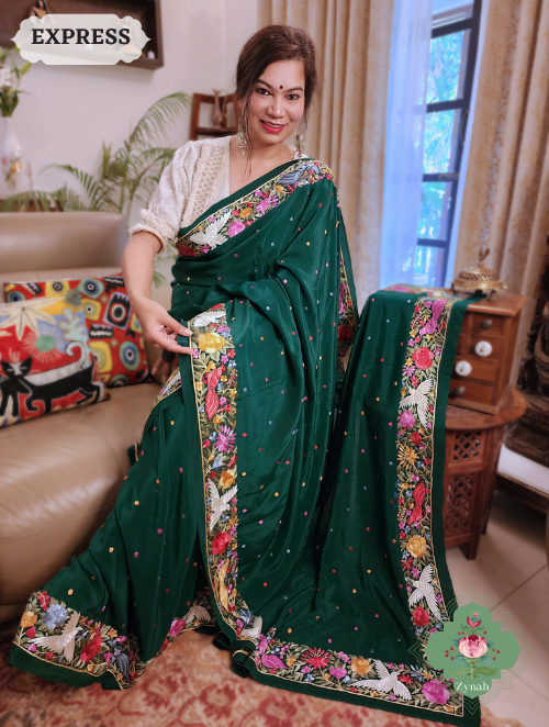 Zynah Made to Order Green Pure Crepe Silk Hand Embroidered Parsi Gara Saree, Authentic Vintage Art, Heirloom Piece; Custom Stitched/Ready-made Blouse, Fall, Petticoat; SKU: 2302202302