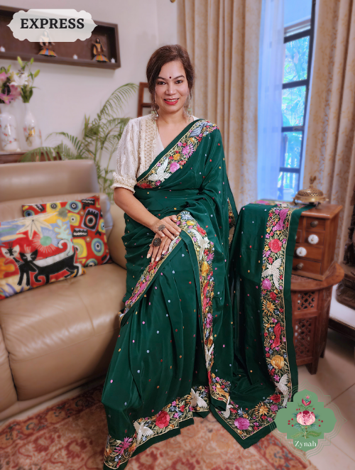 Zynah Made to Order Green Pure Crepe Silk Hand Embroidered Parsi Gara Saree, Authentic Vintage Art, Heirloom Piece; Custom Stitched/Ready-made Blouse, Fall, Petticoat; SKU: 2302202302