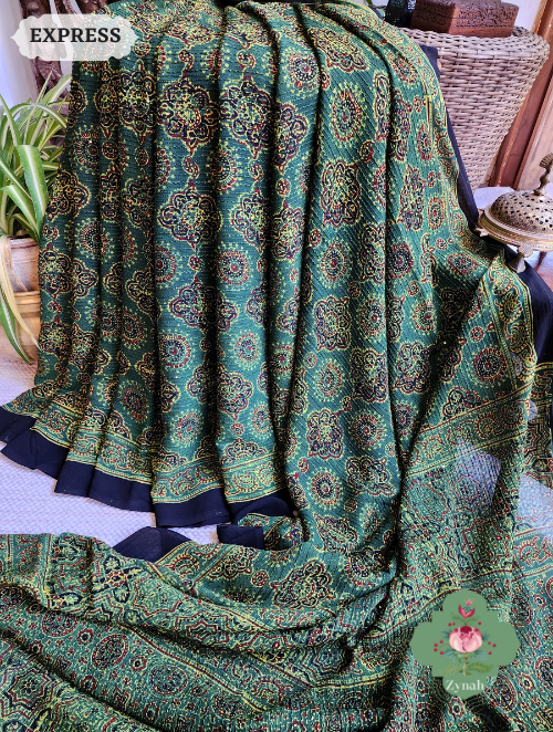 Zynah Green Pure Georgette Silk Ajrakh Saree With Sequin Work; Custom Stitched/Ready-made Blouse, Fall, Petticoat; SKU: 2102202301