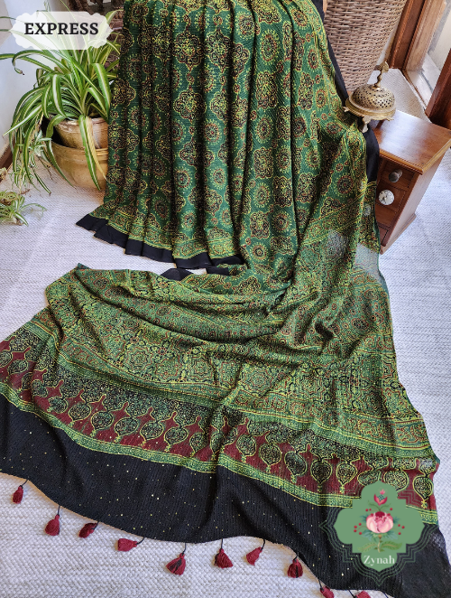 Zynah Green Pure Georgette Silk Ajrakh Saree With Sequin Work; Custom Stitched/Ready-made Blouse, Fall, Petticoat; SKU: 2102202301