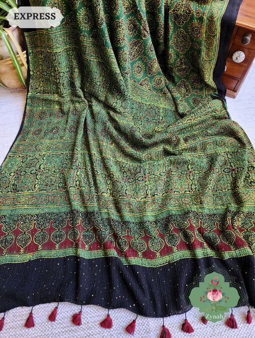 Zynah Green Pure Georgette Silk Ajrakh Saree With Sequin Work; Custom Stitched/Ready-made Blouse, Fall, Petticoat; SKU: 2102202301