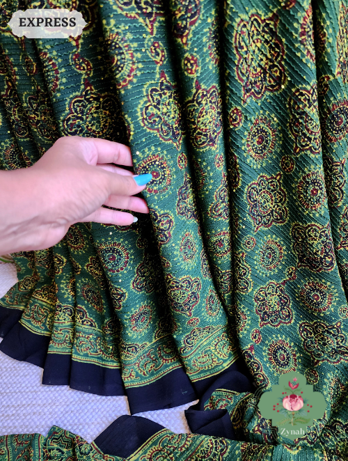 Zynah Green Pure Georgette Silk Ajrakh Saree With Sequin Work; Custom Stitched/Ready-made Blouse, Fall, Petticoat; SKU: 2102202301
