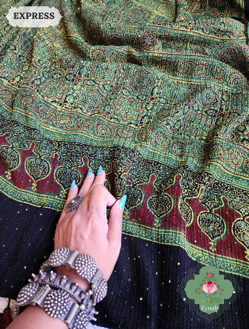 Zynah Green Pure Georgette Silk Ajrakh Saree With Sequin Work; Custom Stitched/Ready-made Blouse, Fall, Petticoat; SKU: 2102202301
