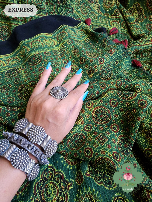 Zynah Green Pure Georgette Silk Ajrakh Saree With Sequin Work; Custom Stitched/Ready-made Blouse, Fall, Petticoat; SKU: 2102202301