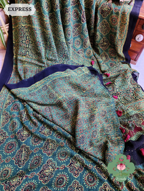 Zynah Green Pure Georgette Silk Ajrakh Saree With Sequin Work; Custom Stitched/Ready-made Blouse, Fall, Petticoat; SKU: 2102202301