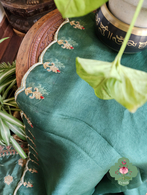 Zynah Green Pure Organza Silk Saree With Pastel Sequins & Zardosi Handwork with Scalloped Border; Custom Stitched/Ready-made Blouse, Fall, Petticoat; SKU: 1703202301