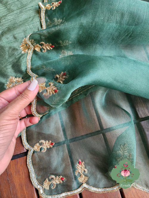 Zynah Green Pure Organza Silk Saree With Pastel Sequins & Zardosi Handwork with Scalloped Border; Custom Stitched/Ready-made Blouse, Fall, Petticoat; SKU: 1703202301