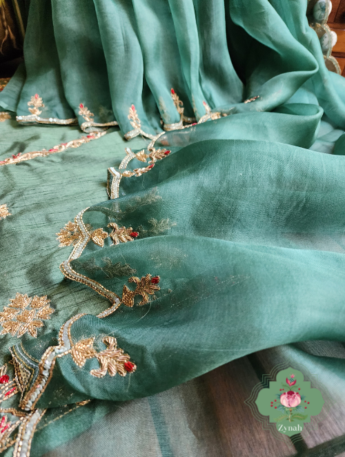 Zynah Green Pure Organza Silk Saree With Pastel Sequins & Zardosi Handwork with Scalloped Border; Custom Stitched/Ready-made Blouse, Fall, Petticoat; SKU: 1703202301
