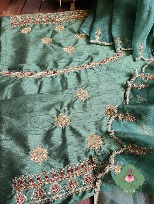 Zynah Green Pure Organza Silk Saree With Pastel Sequins & Zardosi Handwork with Scalloped Border; Custom Stitched/Ready-made Blouse, Fall, Petticoat; SKU: 1703202301