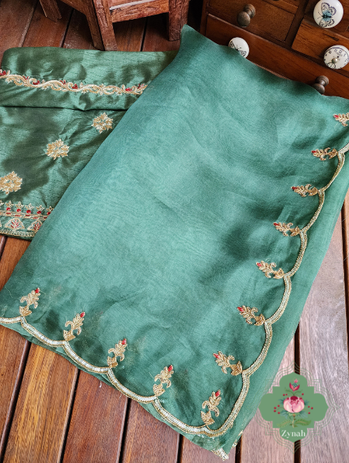 Zynah Green Pure Organza Silk Saree With Pastel Sequins & Zardosi Handwork with Scalloped Border; Custom Stitched/Ready-made Blouse, Fall, Petticoat; SKU: 1703202301
