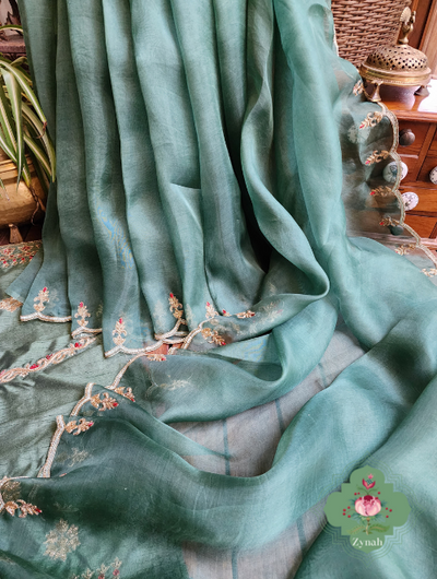 Zynah Green Pure Organza Silk Saree With Pastel Sequins & Zardosi Handwork with Scalloped Border; Custom Stitched/Ready-made Blouse, Fall, Petticoat; SKU: 1703202301