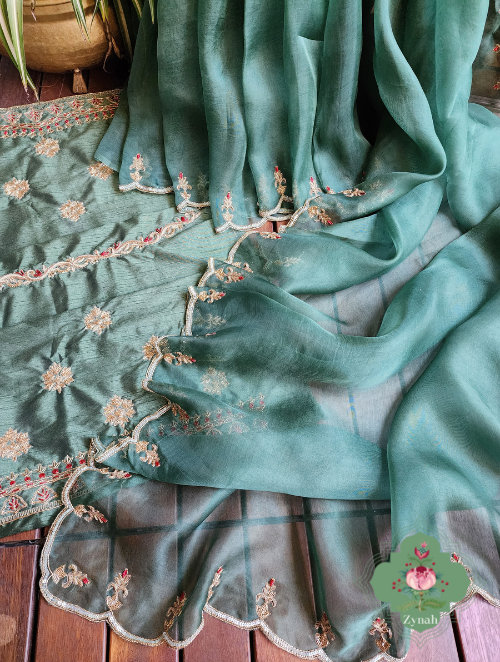 Zynah Green Pure Organza Silk Saree With Pastel Sequins & Zardosi Handwork with Scalloped Border; Custom Stitched/Ready-made Blouse, Fall, Petticoat; SKU: 1703202301