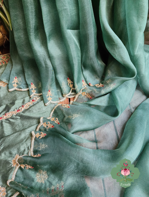 Zynah Green Pure Organza Silk Saree With Pastel Sequins & Zardosi Handwork with Scalloped Border; Custom Stitched/Ready-made Blouse, Fall, Petticoat; SKU: 1703202301