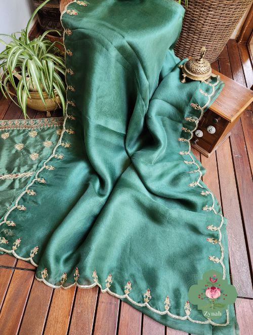 Zynah Green Pure Organza Silk Saree With Pastel Sequins & Zardosi Handwork with Scalloped Border; Custom Stitched/Ready-made Blouse, Fall, Petticoat; SKU: 1703202301