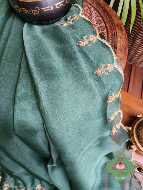 Zynah Green Pure Organza Silk Saree With Pastel Sequins & Zardosi Handwork with Scalloped Border; Custom Stitched/Ready-made Blouse, Fall, Petticoat; SKU: 1703202301