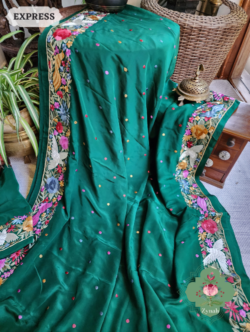 Zynah Made to Order Green Pure Crepe Silk Hand Embroidered Parsi Gara Saree, Authentic Vintage Art, Heirloom Piece; Custom Stitched/Ready-made Blouse, Fall, Petticoat; SKU: 2302202302