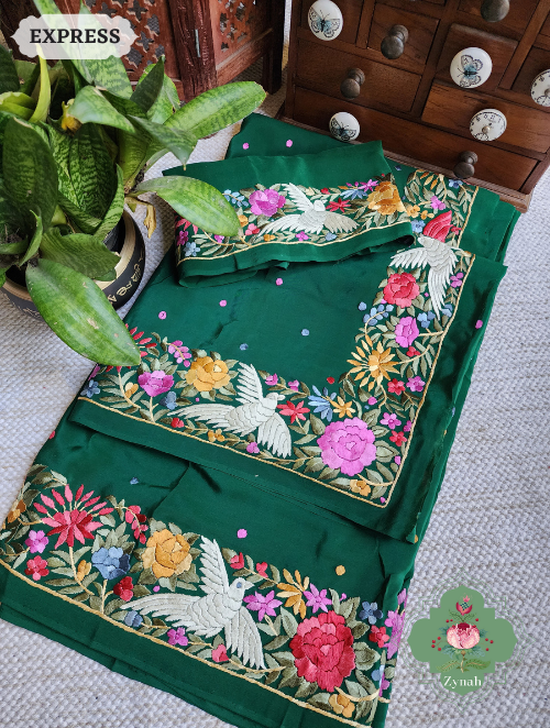 Zynah Made to Order Green Pure Crepe Silk Hand Embroidered Parsi Gara Saree, Authentic Vintage Art, Heirloom Piece; Custom Stitched/Ready-made Blouse, Fall, Petticoat; SKU: 2302202302