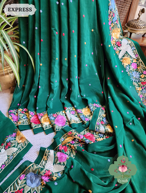 Zynah Made to Order Green Pure Crepe Silk Hand Embroidered Parsi Gara Saree, Authentic Vintage Art, Heirloom Piece; Custom Stitched/Ready-made Blouse, Fall, Petticoat; SKU: 2302202302