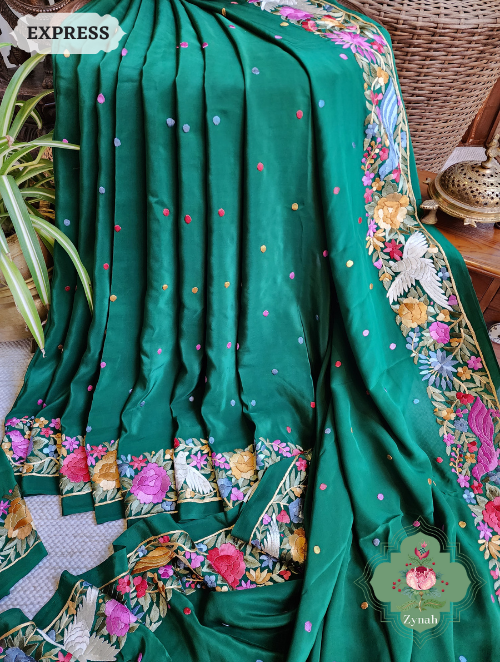 Zynah Made to Order Green Pure Crepe Silk Hand Embroidered Parsi Gara Saree, Authentic Vintage Art, Heirloom Piece; Custom Stitched/Ready-made Blouse, Fall, Petticoat; SKU: 2302202302
