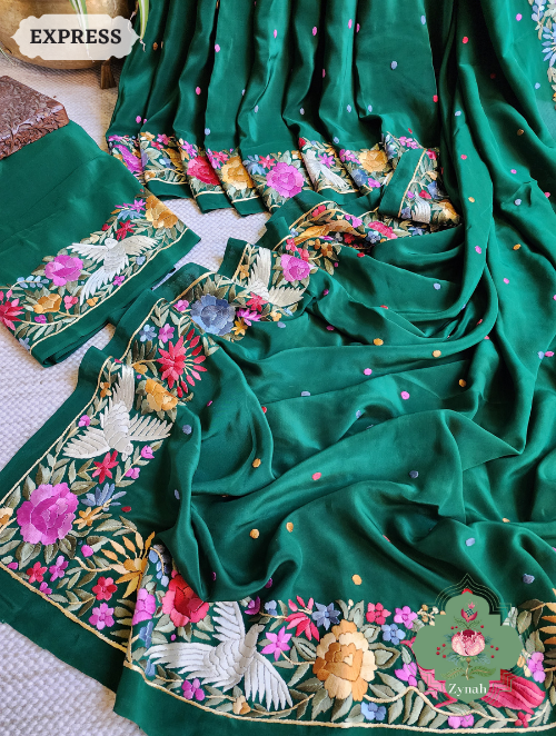 Zynah Made to Order Green Pure Crepe Silk Hand Embroidered Parsi Gara Saree, Authentic Vintage Art, Heirloom Piece; Custom Stitched/Ready-made Blouse, Fall, Petticoat; SKU: 2302202302