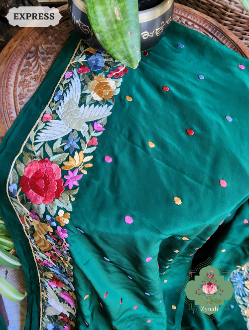 Zynah Made to Order Green Pure Crepe Silk Hand Embroidered Parsi Gara Saree, Authentic Vintage Art, Heirloom Piece; Custom Stitched/Ready-made Blouse, Fall, Petticoat; SKU: 2302202302