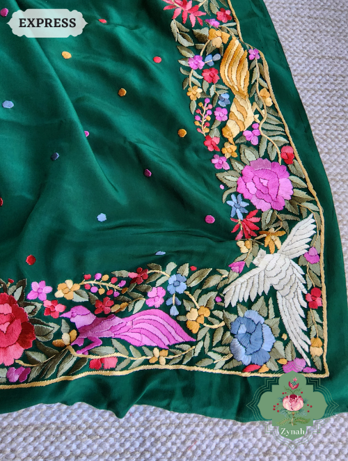 Zynah Made to Order Green Pure Crepe Silk Hand Embroidered Parsi Gara Saree, Authentic Vintage Art, Heirloom Piece; Custom Stitched/Ready-made Blouse, Fall, Petticoat; SKU: 2302202302