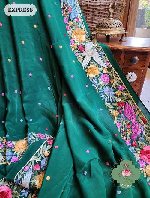 Zynah Made to Order Green Pure Crepe Silk Hand Embroidered Parsi Gara Saree, Authentic Vintage Art, Heirloom Piece; Custom Stitched/Ready-made Blouse, Fall, Petticoat; SKU: 2302202302
