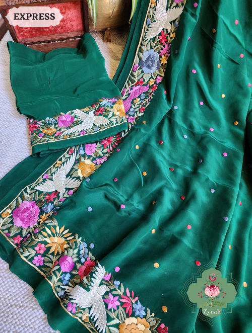 Zynah Made to Order Green Pure Crepe Silk Hand Embroidered Parsi Gara Saree, Authentic Vintage Art, Heirloom Piece; Custom Stitched/Ready-made Blouse, Fall, Petticoat; SKU: 2302202302