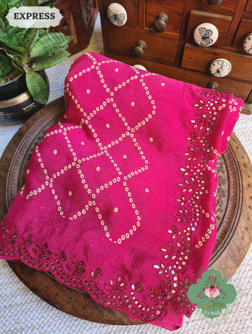 Zynah Hot Pink Wrinkle Crepe Silk Saree with Bandhani Inspired Prints & Mirror Work Scalloped Borders; Custom Stitched/Ready-made Blouse, Fall, Petticoat; SKU: 0202202302