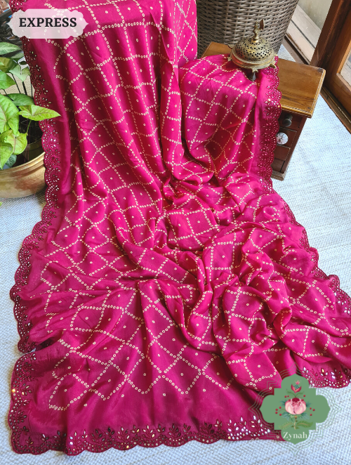 Zynah Hot Pink Wrinkle Crepe Silk Saree with Bandhani Inspired Prints & Mirror Work Scalloped Borders; Custom Stitched/Ready-made Blouse, Fall, Petticoat; SKU: 0202202302